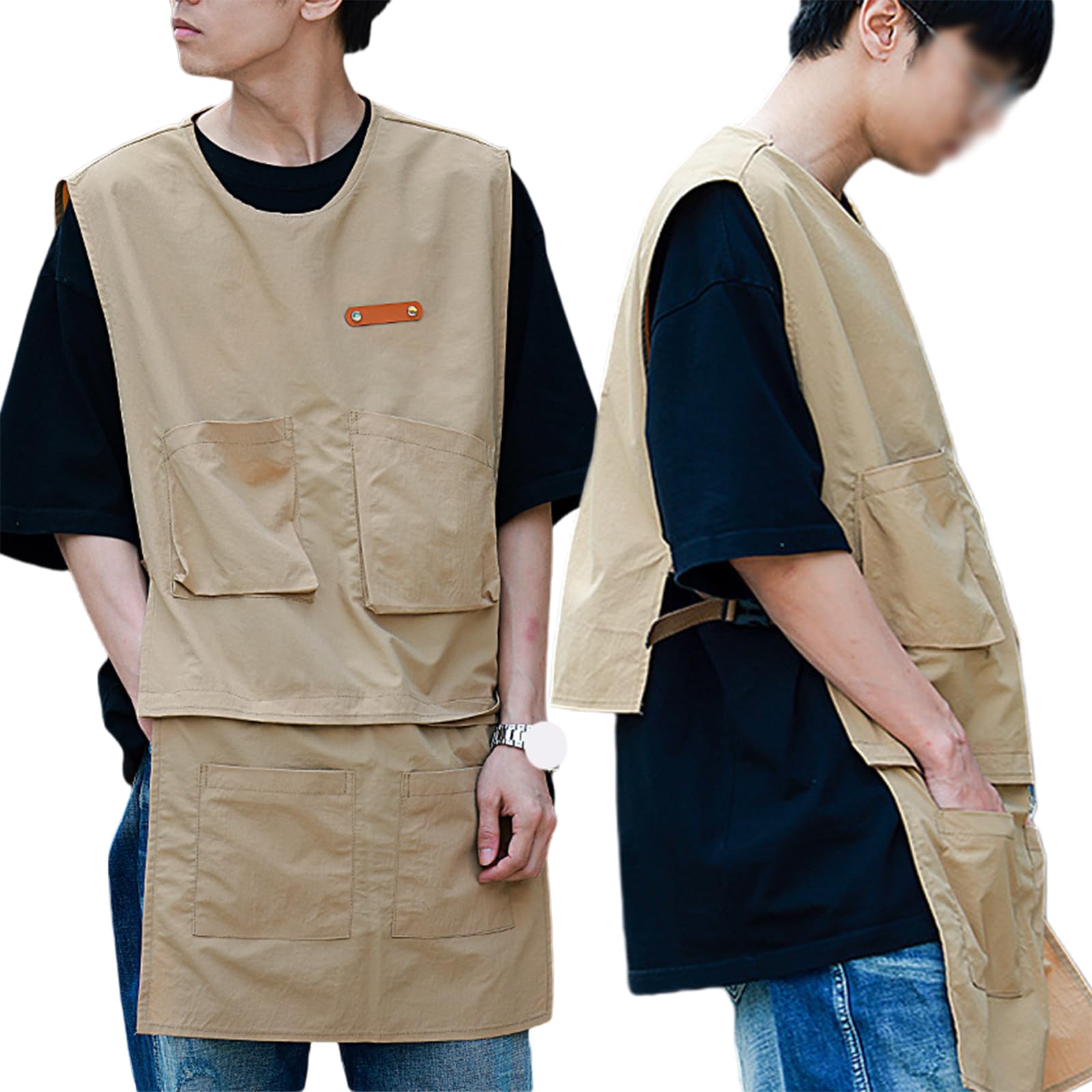 CBBEONRNUnisex Cobbler Apron with Pockets Adjustable Smock Art Painting for Shop, Garden, Restaurant, Cafe,One Size,Beige