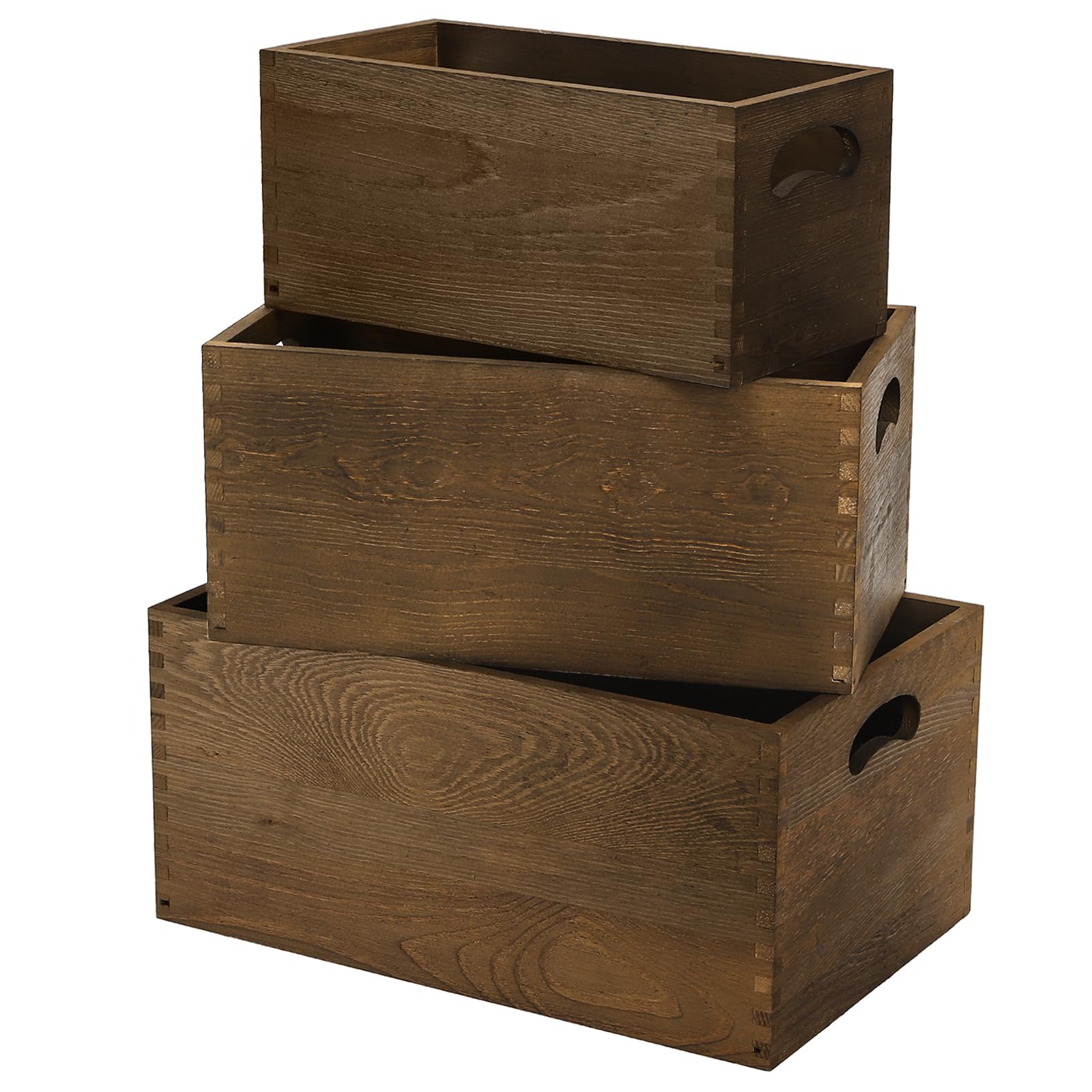 Hedume Set of 3 Nesting Wooden Crates, Wood Crate Box with Handle, Rustic Brown Decorative Wood Storage Crates Container, Stackable Cube Basket Bins Organizer for Home, Office, Closet, Shelf