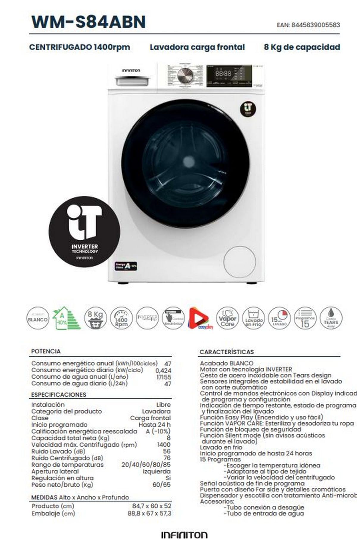 LAVADORA INFINITON WM-S84ABN, 8 KG, 1400 rpm, A, INVERTER, Cesto de acero inoxidable, Silent Mode, 15 Programas, Carga Frontal (Blanco || WM-S84ABN)