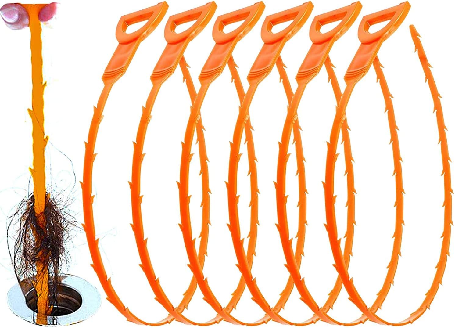 YOLETO 6 Pack Drain Clog Remover, Unclog Shower Bathtub Sink Cleaner Stick Household Cleaning Tools Hair Catcher (20 Inch, Orange)