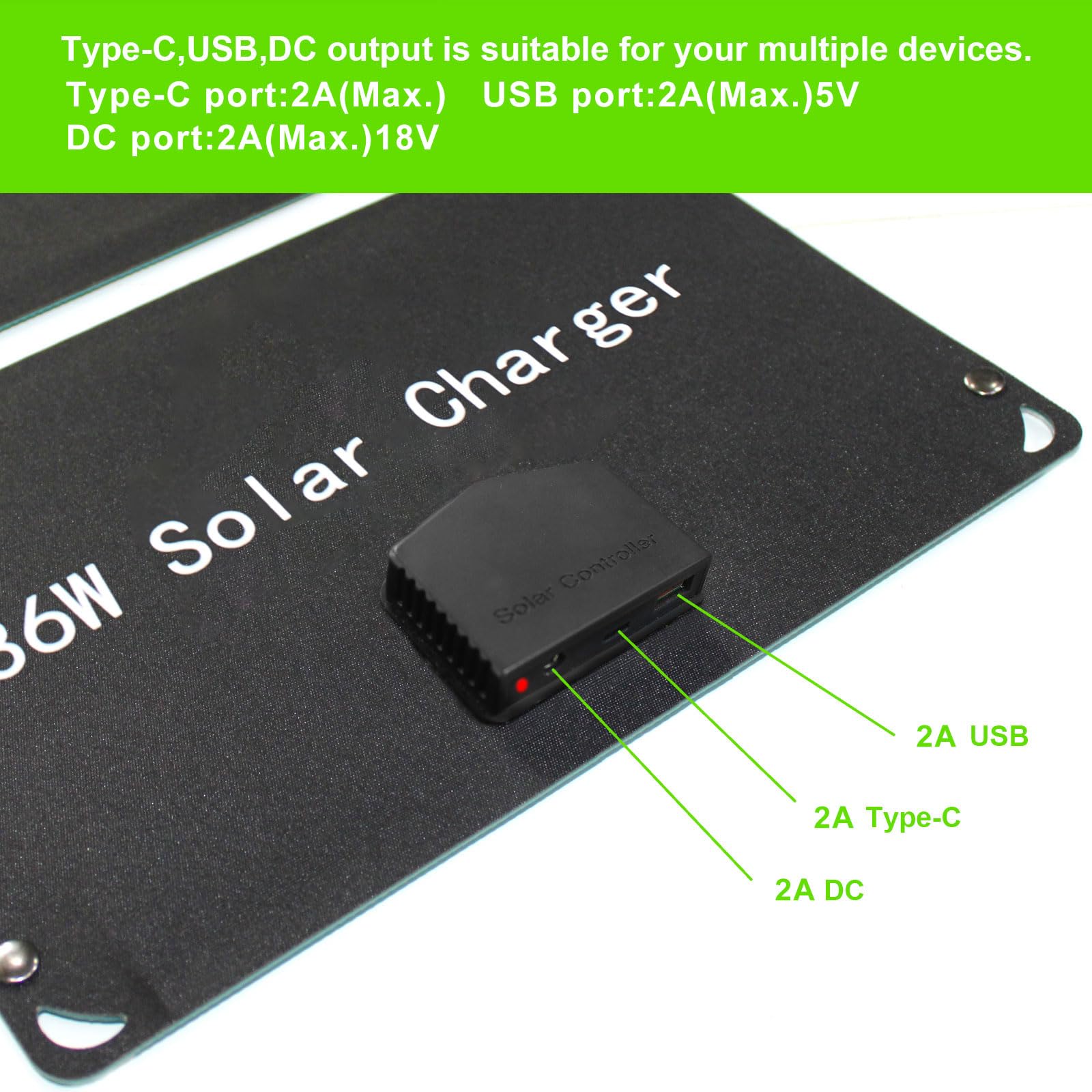 Panel Słoneczny 36W Słoneczny ETFE Monokrystaliczny Panel Słoneczny ładowarka, przenośna ładowarka solarna z typem C, DC, USB, 3 wyjścia na kemping lub wędrówki, aparat, akumulator