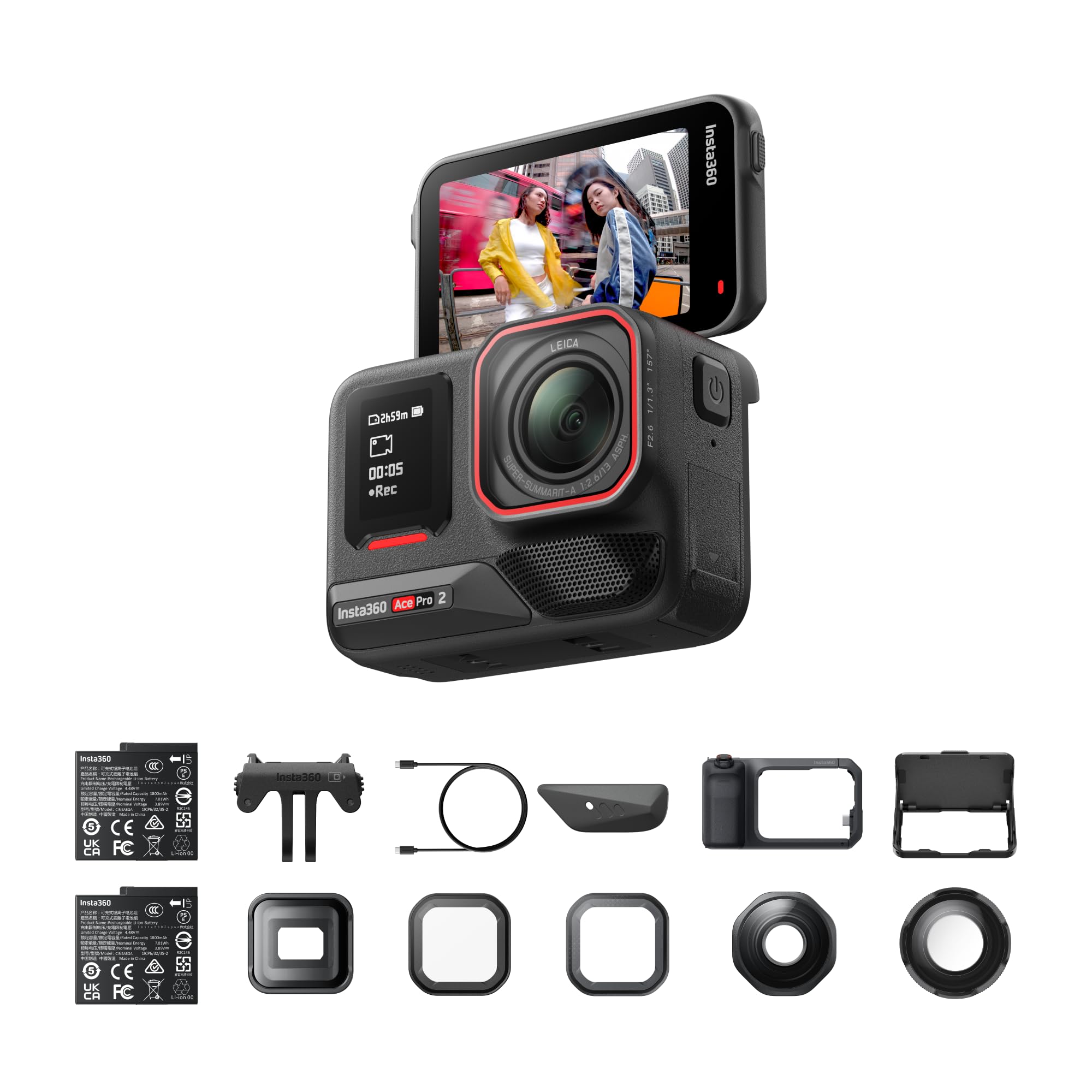 Insta360 Ace Pro 2 Ultimate Videography Bundle – wodoodporna kamera sportowa 8K współpracuje z Leica, czujnik 1/3.3 cm, podwójny chip AI, wiodące słabe światło, wszechstronny zestaw obiektywów do