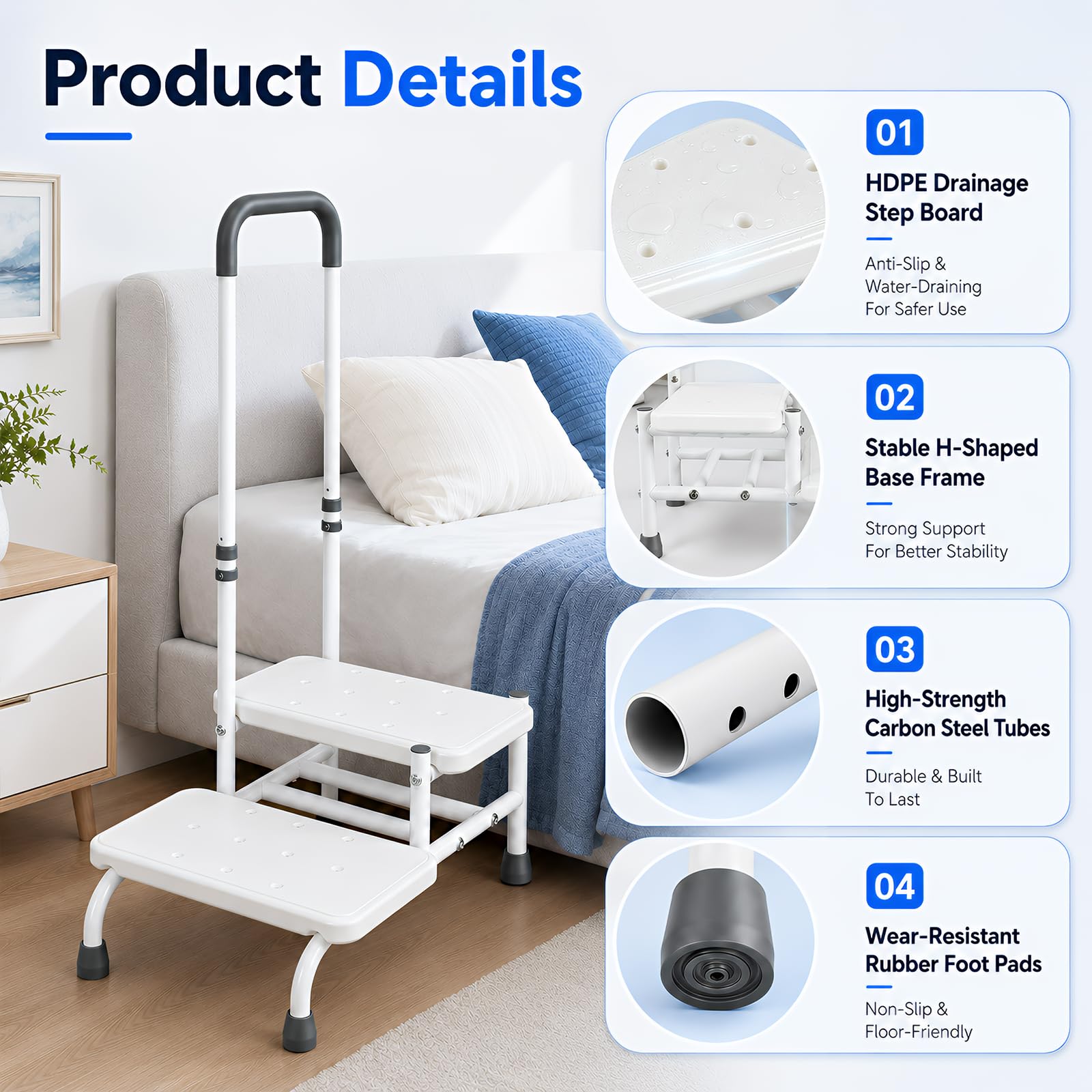 Taburete con asa, 2 niveles, ayuda para entrar en la bañera, antideslizante, hasta 200 kg, nivel de bañera estable para personas mayores y discapacitados, superficie antideslizante para baño, cama y