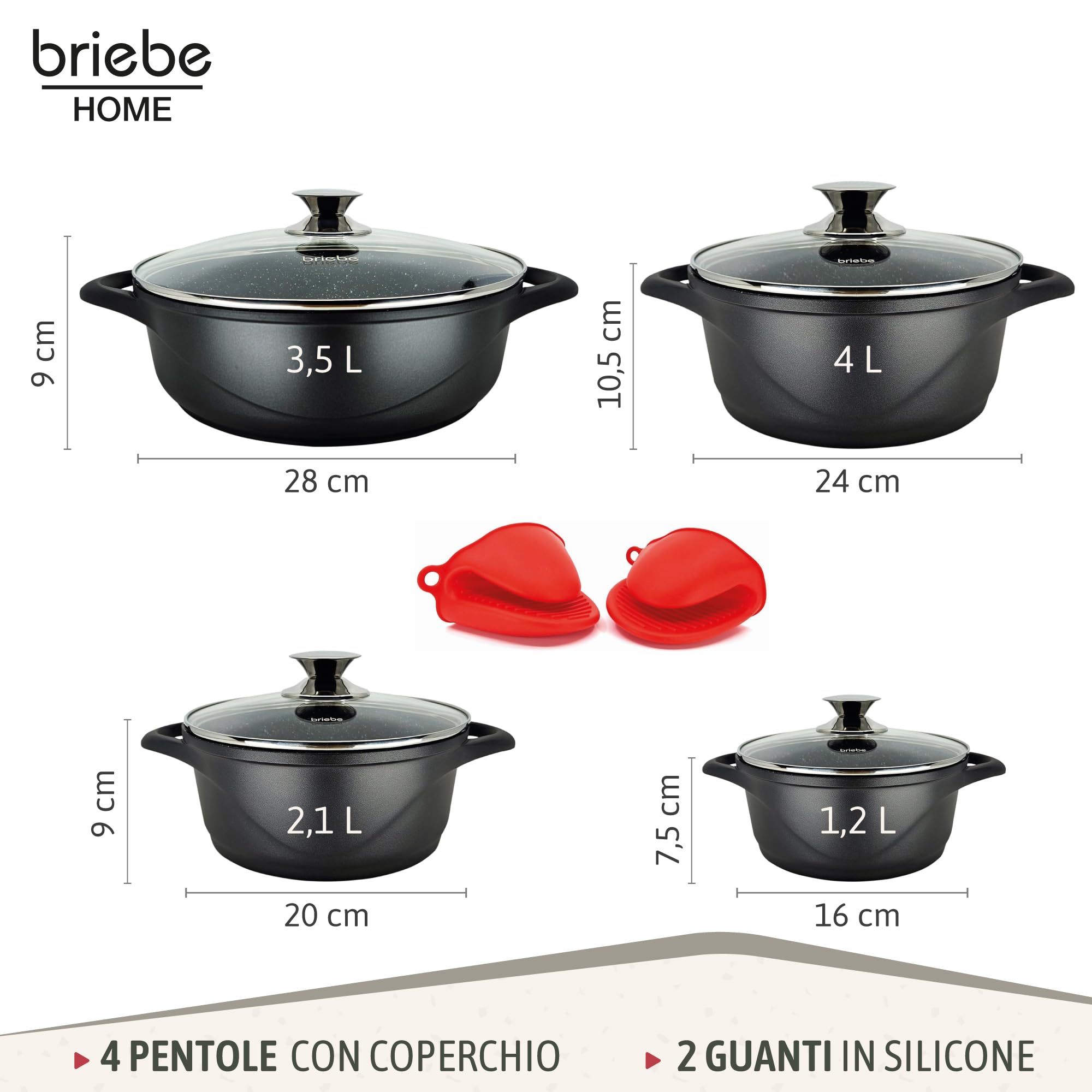 briebe Set Pentole Induzione Batteria 8 Pezzi, 4 Casseruola, Alluminio Pressofuso, Antiaderente ILAG GRANITEC senza PFOA, Coperchi in Vetro, Guanti in Silicone, Vetroceramica, Gas, Forno, MGK-17