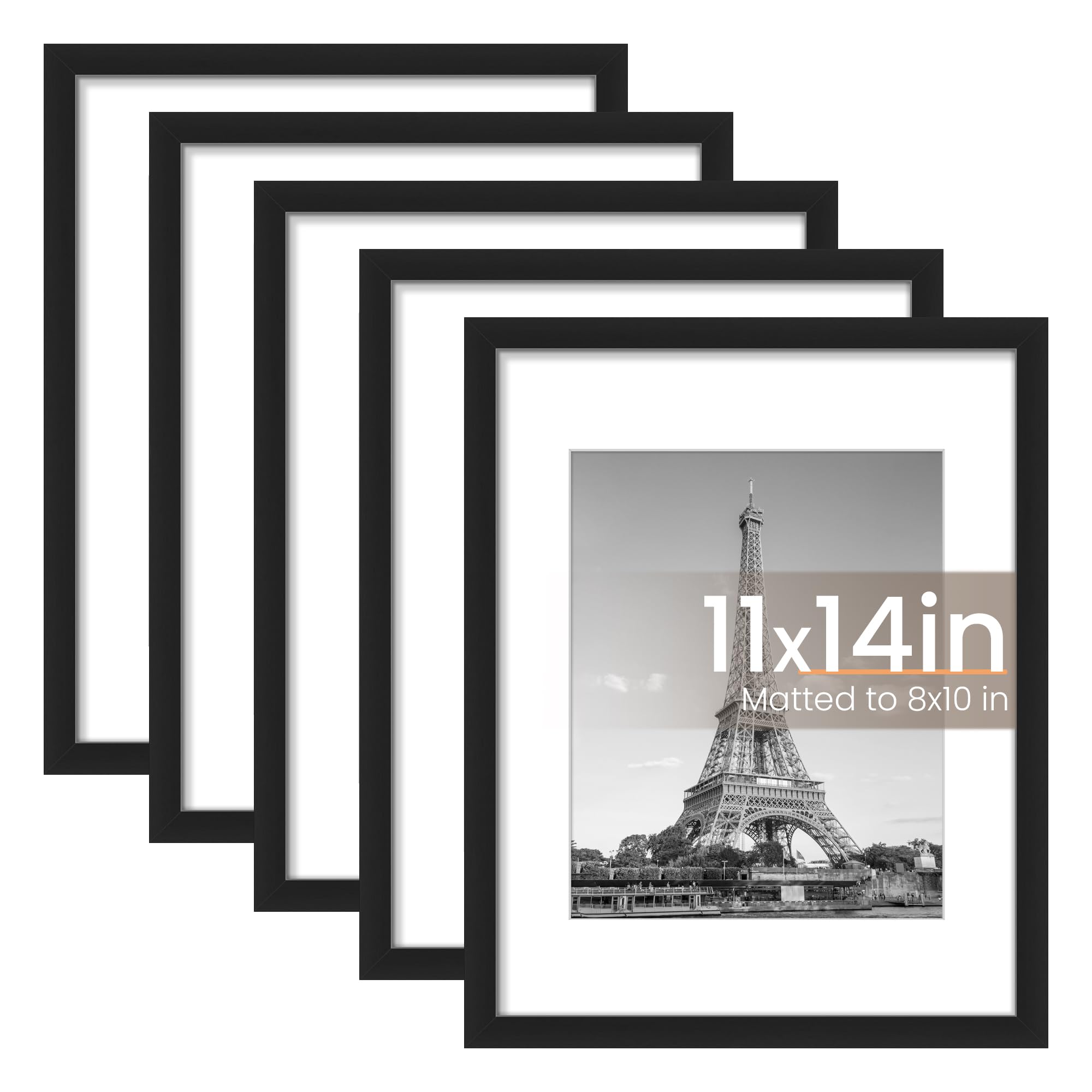 upsimples 11x14in (27.94x35.56cm) Picture Frame Set of 5, Display Picture 8inx10in with Mat or 11inx14in without Mat, Wall Gallery Photo Frames, Black