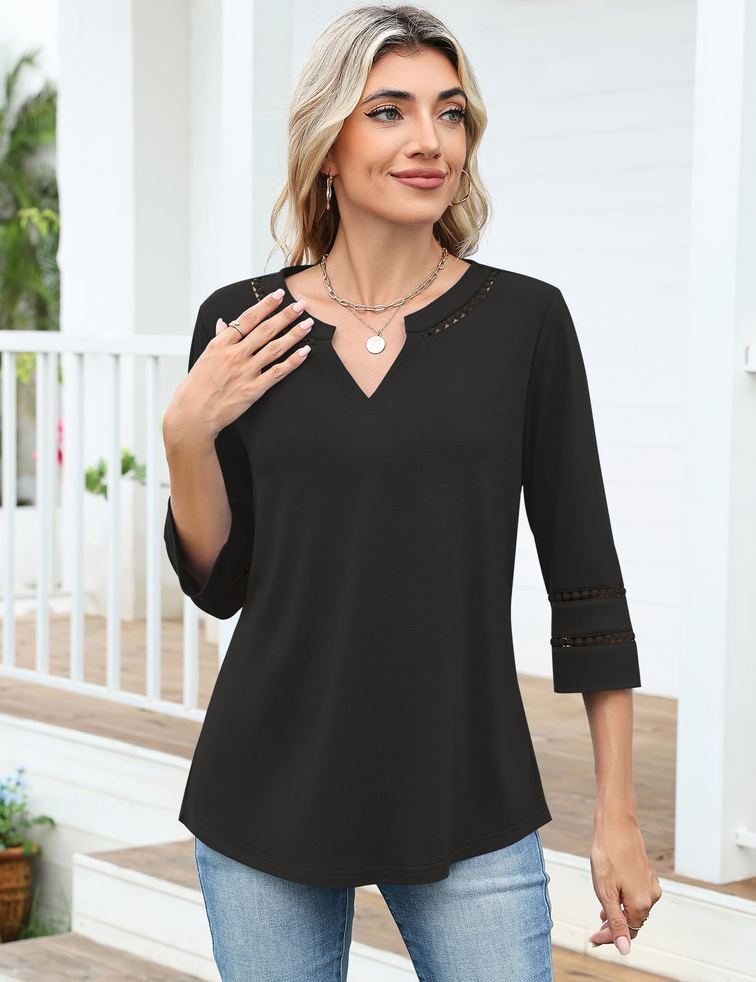 Rapbin Bluse Damen Elegant 3/4 Arm Shirt V-Ausschnitt Sommer Tunika Spitze Bestickt Vintage Oberteil 2026 Mode Tops