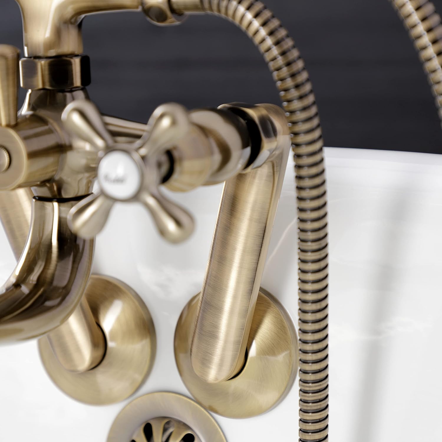 Kingston Brass KS229AB Kingston Wall Mount Clawfoot Tub Faucet with Hand Shower, Antique Brass