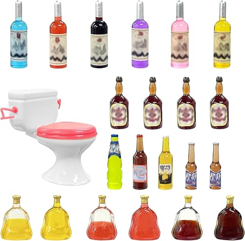 MEMOVAN Decoración para pastel de inodoro, 1 unidad y botellas de vino en miniatura, 21 piezas, divertido juguete para inodoro, decoración de pastel