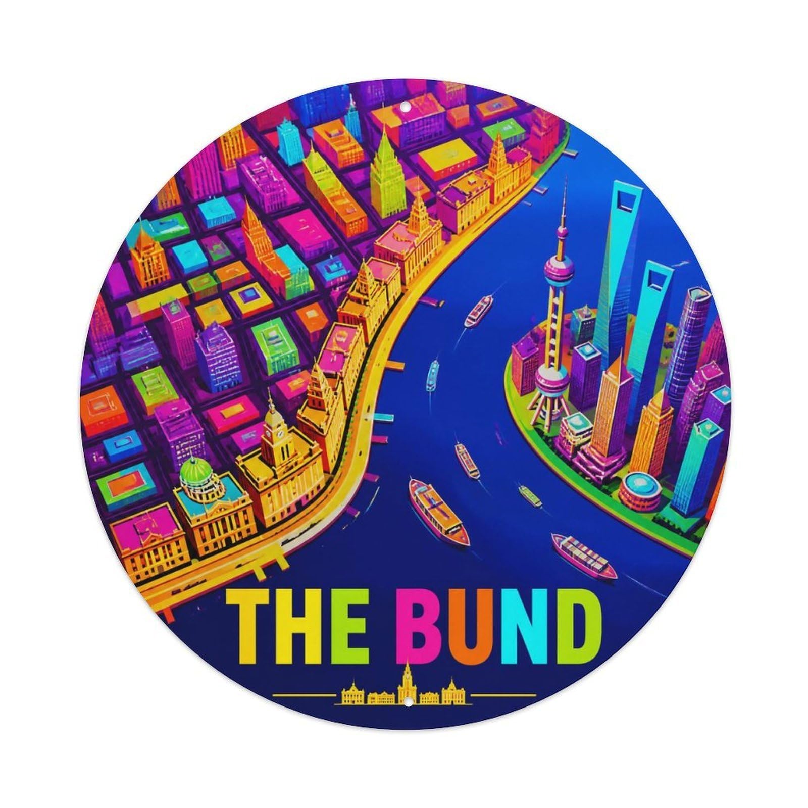 Okngb Style The Bund Shanghai Monochrome Route Riverfront Detail Metal Tin Sign Plaque Wall Decor For Cafe, Man Cave, Club Bar, Office, Home Garden Round Metal Poster 8X8inch