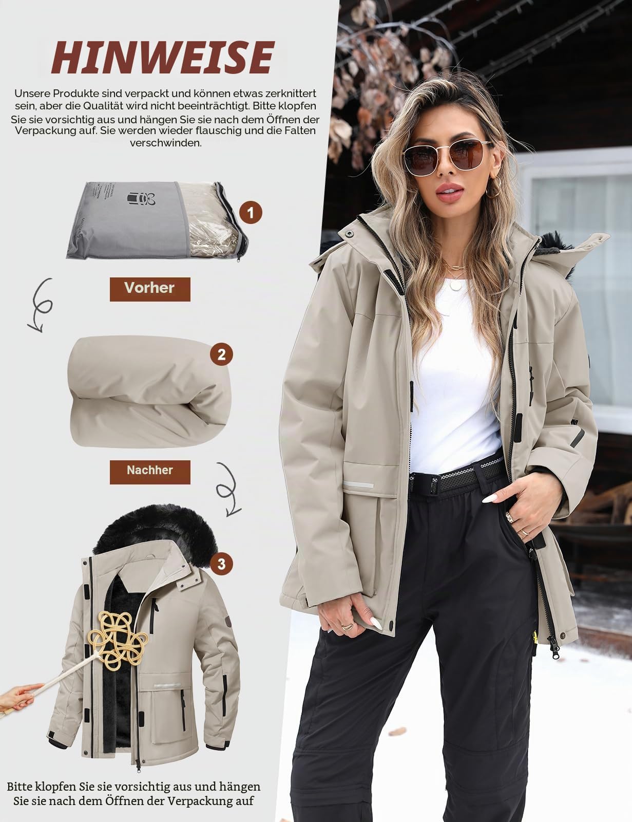 CMTOP Winterjacke Damen Wasserdichte Winddichte Skijacke Gefüttert Regenjacke für Wandern Trekking Softshell Übergangsjacke Wanderjacke mit Abnehmbarer Kapuze