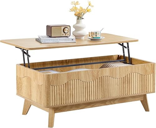 BERRYMERRY Mesa de centro elevable con almacenamiento oculto, mesa de centro acanalada de granja con perfil ondulado, mesa central rectangular Roble