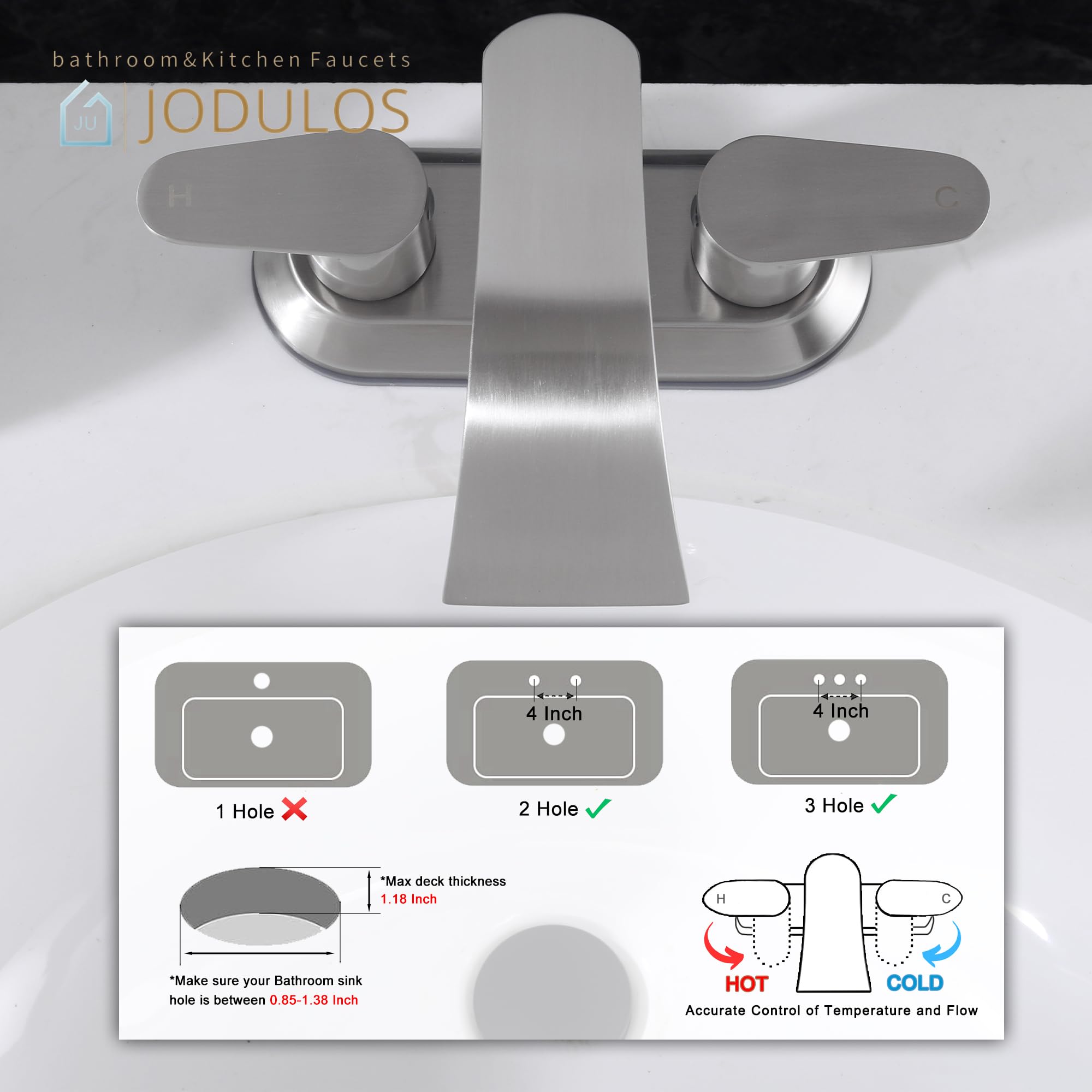 4 inch Centerset 3 Hole Bathroom Faucets Brushed Nickel Center Set Faucet with cUPC Supply Lines 2 Handle — view 3