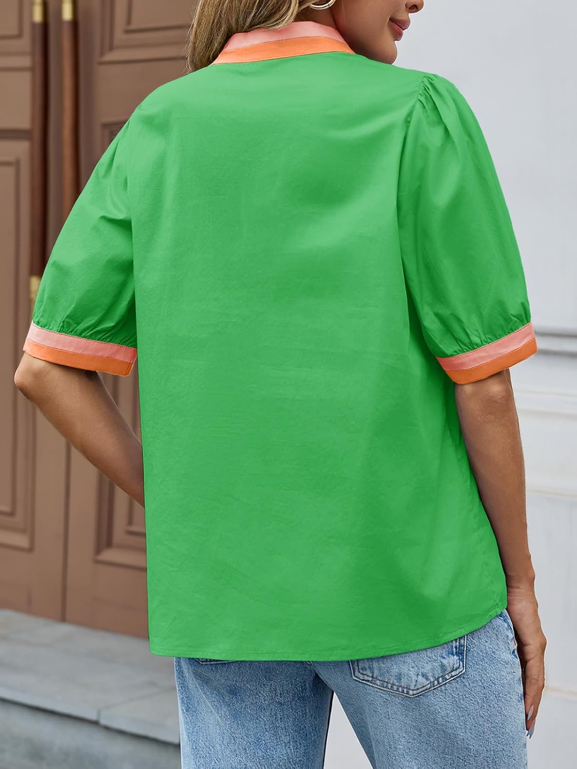 Tankaneo Womens Color Block Puff Sleeve Tops Dressy Casual V Neck Cotton Blouses Summer Loose Fit Tees Shirts - Image 7