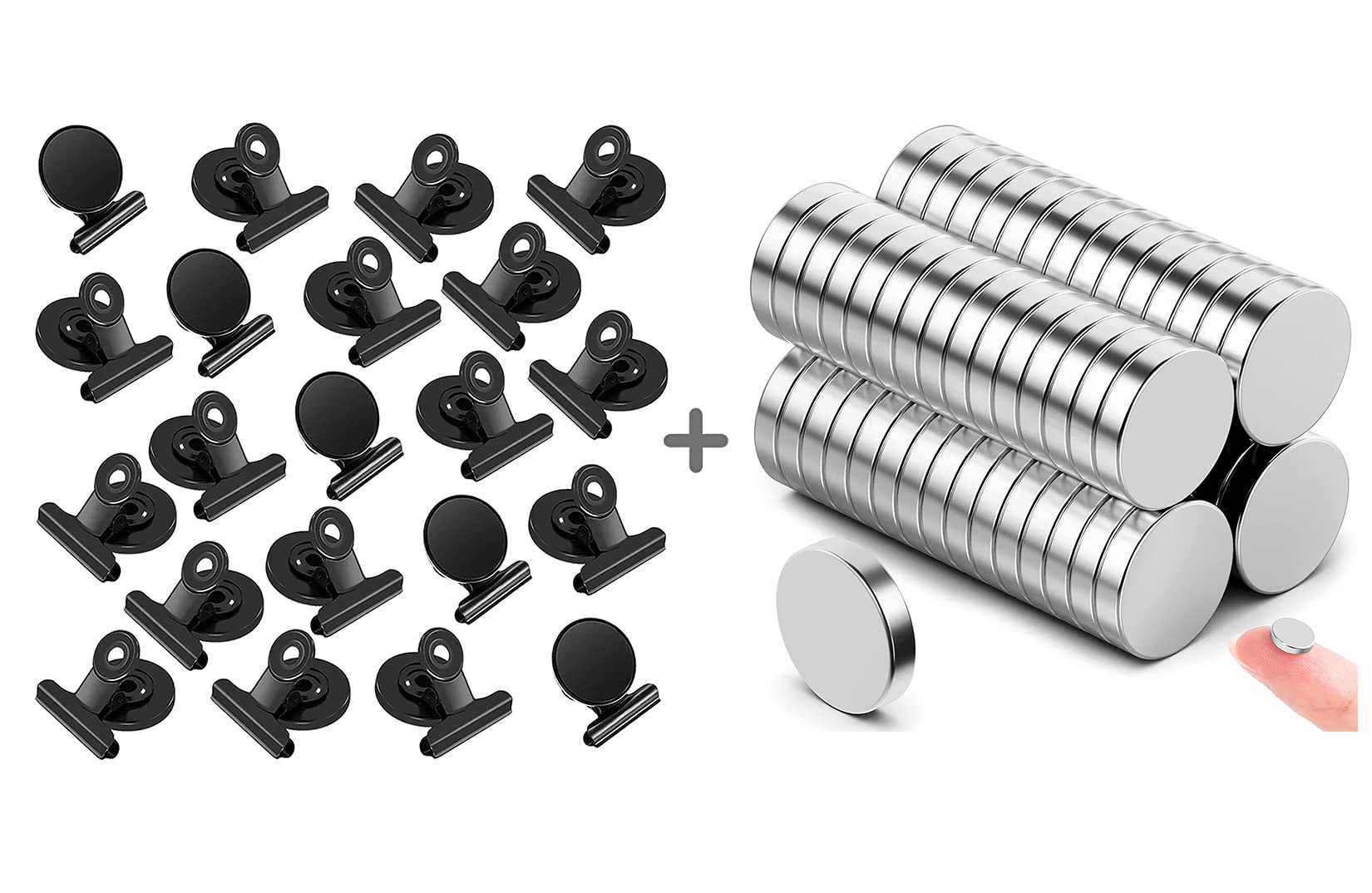 20 Pack Magnetic Clips Fridge Whiteboard Magnets Clips(30mm Wide) & 60pcs Small Magnets Round Refrigerator Magnets-10x2mm