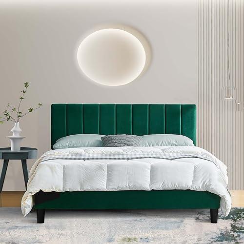 Base de cama moderna tapizada de tamaño Queen con cabecera de terciopelo y soporte de listones de madera resistente, antideslizante, sin ruido,