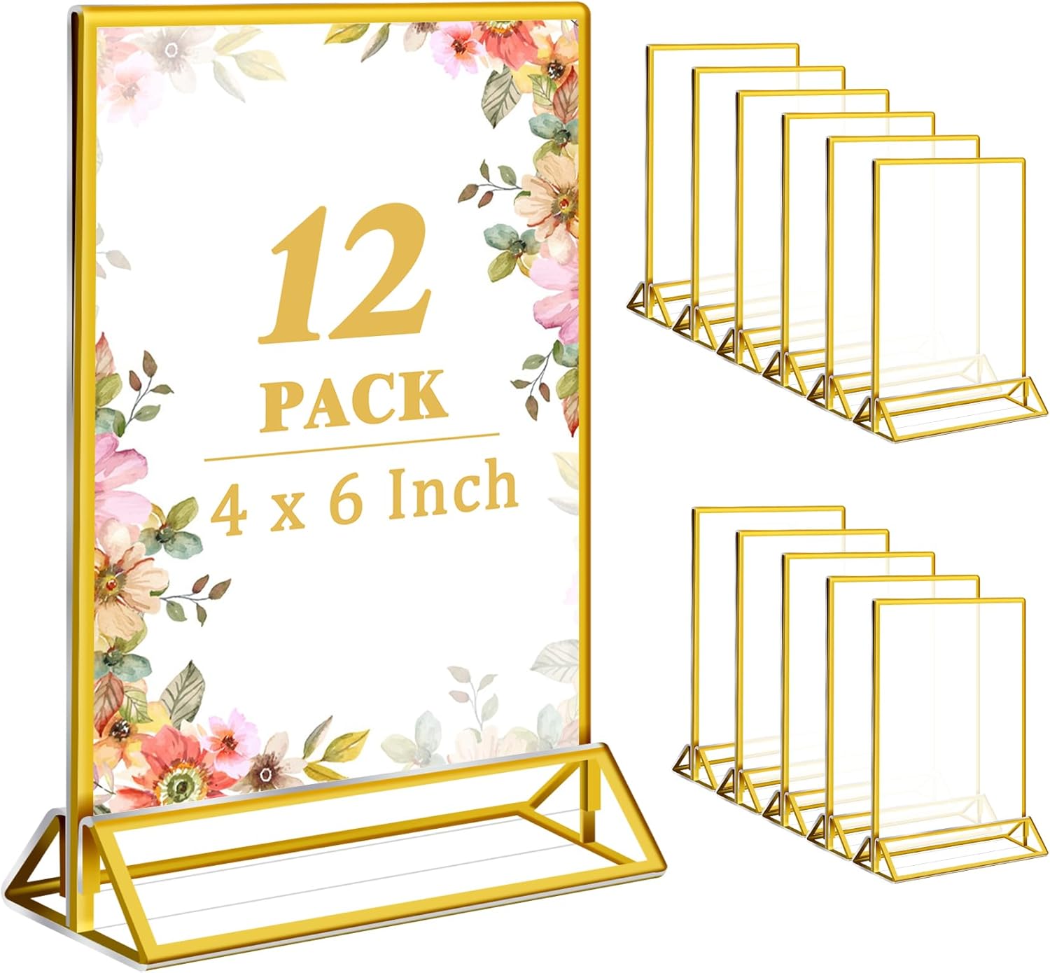 Jeffbaubl 12 Pcs Gold Acrylic Sign Holder, 4x6 Gold Frame Plastic Display, Clear Table Sign Holder with Vertical Stand for Restaurant Office School Wedding and Store