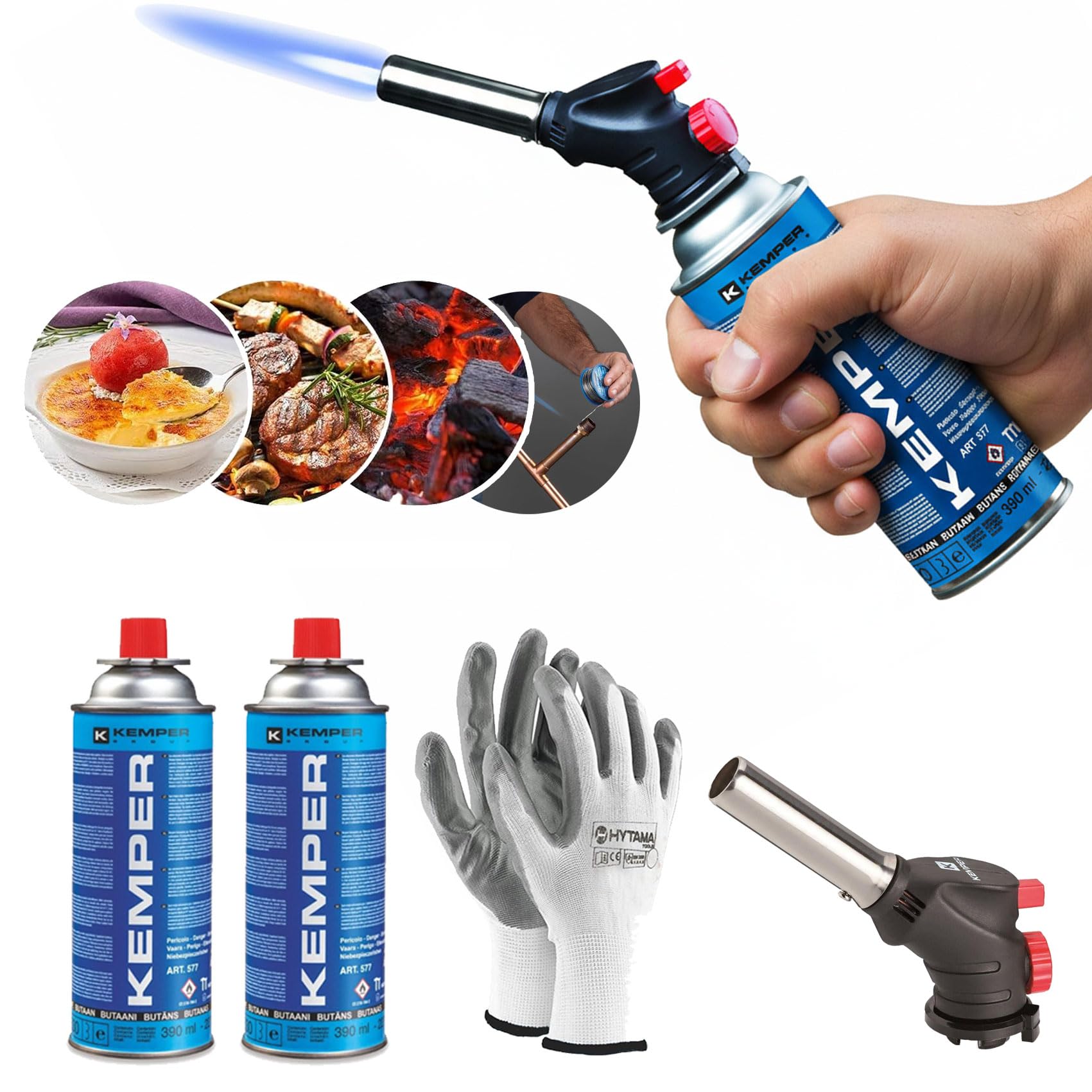 Kemper - Torcia Cannello a gas, Scottatore da Cucina, Caramellatore + 2 Ricarica di Gas Butano da 227 g, multifunzione (2 BUTANO + CANNELLO)