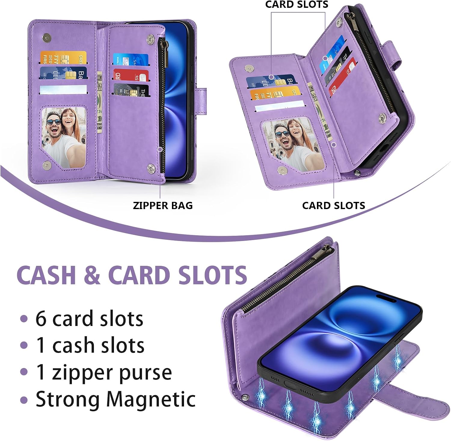 Asuwish Phone Case for iPhone 16 6.1 inch Zipper Wallet Magnetic Detachable Cell Cover with Tempered Glass Screen Protector Crossbody Strap Mandala Flower Card Holder i Phone16 i16 16Case Women Purple