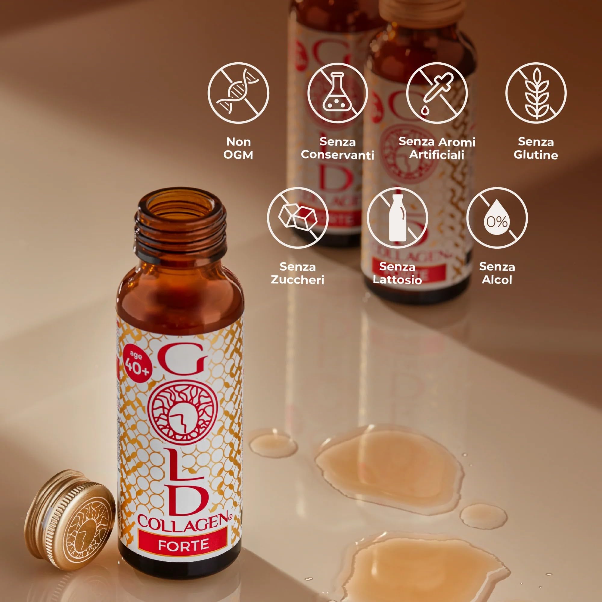 GOLD COLLAGEN Forte - Collagene Integratore Antirughe Antiossidante con Biotina Crescita Capelli, Pelle Unghie e Sistema Immunitario, Vitamina C, Collagene Marino con Acido Ialuronico, 1 Pack 10x50 ml