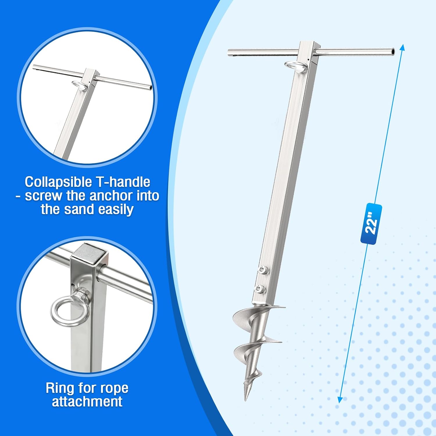 22" 44.5" Screw-in Sand Anchor Pole, One-Piece Non-Welded Auger, 304 Stainless Steel, Self-Locking Nuts - Heavy Duty Shallow Water Anchor for Boat, Jet Ski, Kayak, Pontoon, PWC