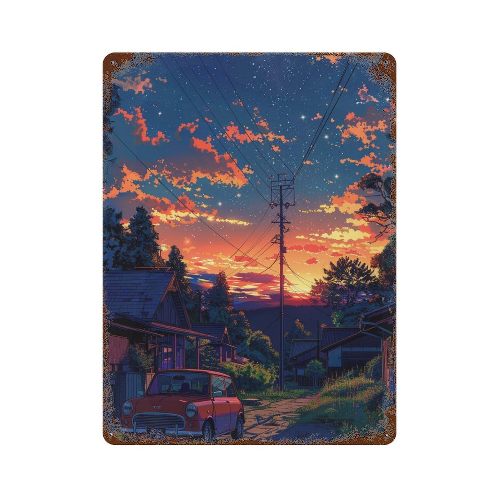 Decorative Tin Sign with Vibrant Sunset Village Scene Design 15.7"x11.8", for Farmhouse, Kitchen And Entryway Decor, Decorative Metal Wall Art