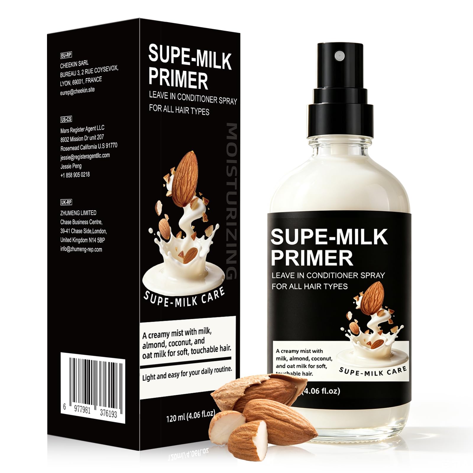 Nodfens Super Almond Milk Leave in Conditioner Spray with Collagen – Detangler & Anti Frizz Hair Treatment for Dry Damaged Hair, Helps Reduce Split Ends & Flyaways, Improves Softness & Shine, 4 fl oz