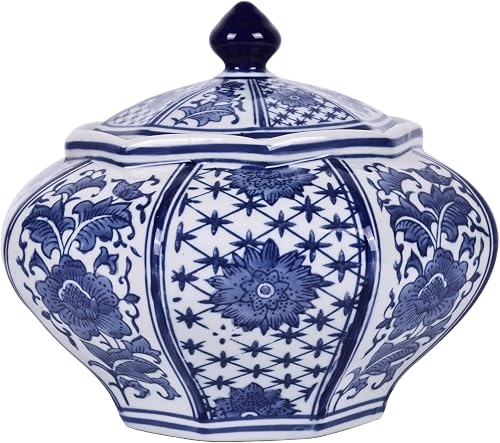 XINGYAN Handmade Big Size Goldmine Ginger Jar with Lid Series: Luxury Chinoiserie Blue and White Porcelain, Ming and Qing Dynasty Style, Decorative Home Decor Storage Jar (Rich Jar)