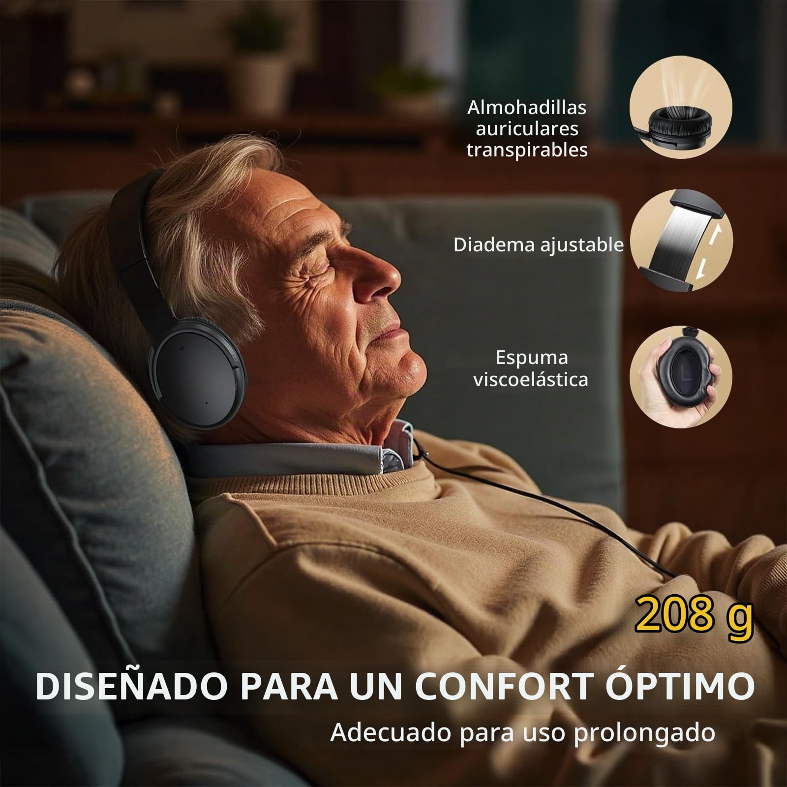 PROW Auriculares Exclusivos para TV con Un Solo Botón para Mayores, Recargables, Inalámbricos con Sonido Claro y Alto para Pérdida Auditiva Leve, para Uso Privado con Conexión USB/Óptica/RCA/3.5mm