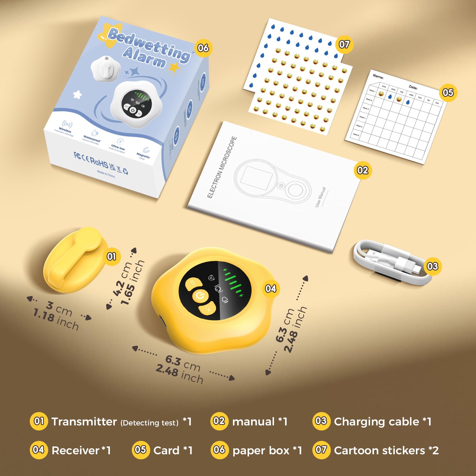 Allarme enuresi wireless, USB ricaricabile, vasino con suono e vibrazione, giallo, per bambini e adulti, con sensore di umidità enure