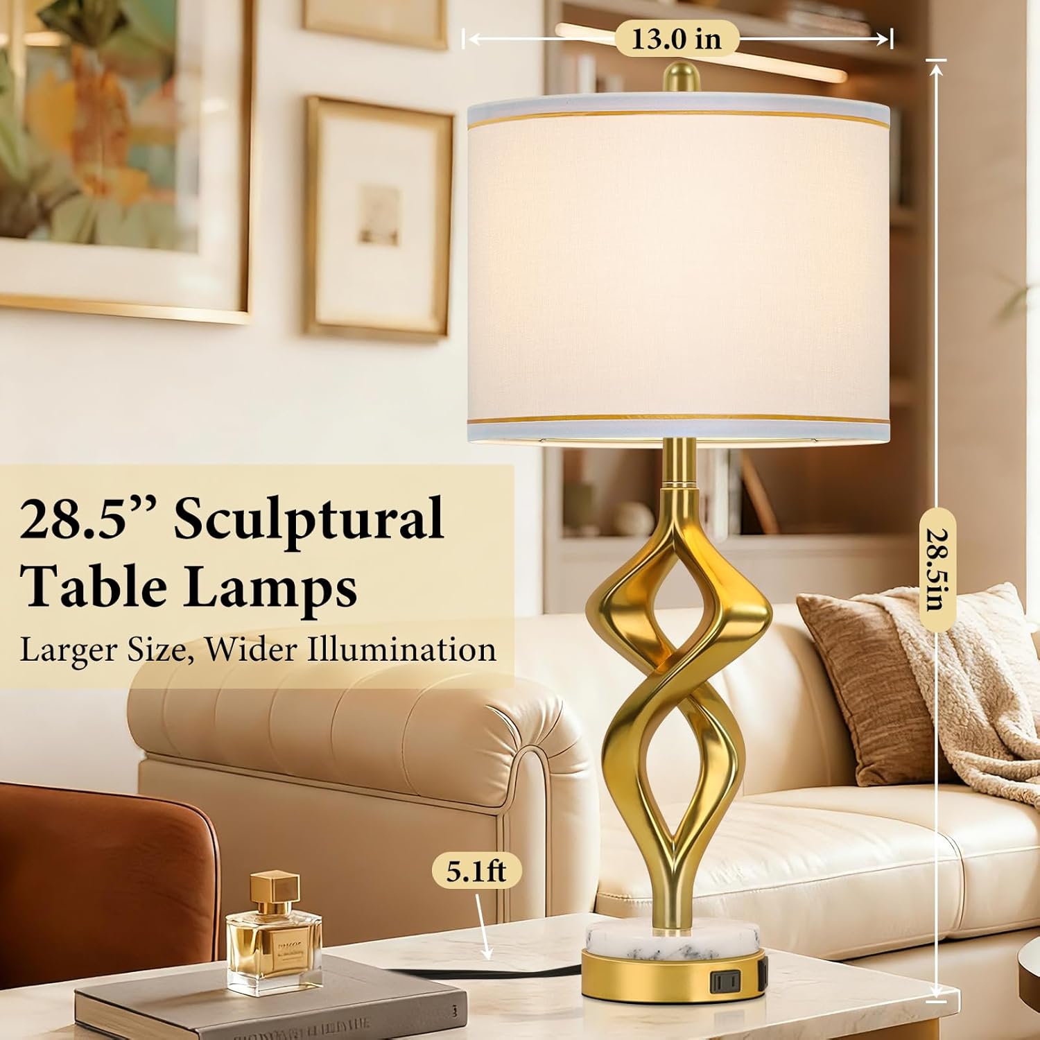28.5" Modern Sculptural Living Room Table Lamps Set of 2 with USB A+C & AC Outlet, Gold Bedside Table Lamps with White Marble Base & Linen Shade, Nightstand Lamps for Bedroom Study Office Hotel Bar
