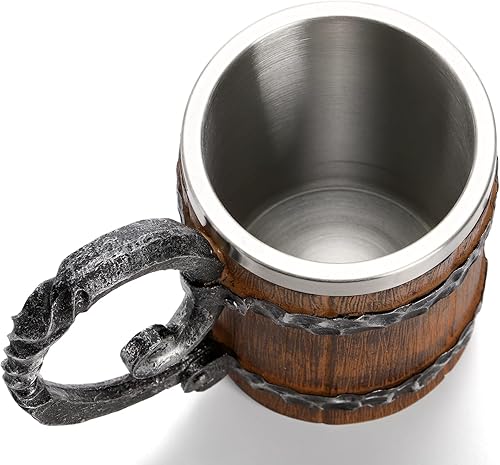 Miniatura 3 de Yopay Taza de cerveza de barril de madera, vaso de cerveza vintage de acero inoxidable de doble pared, hecho a mano, vaso medieval de madera con