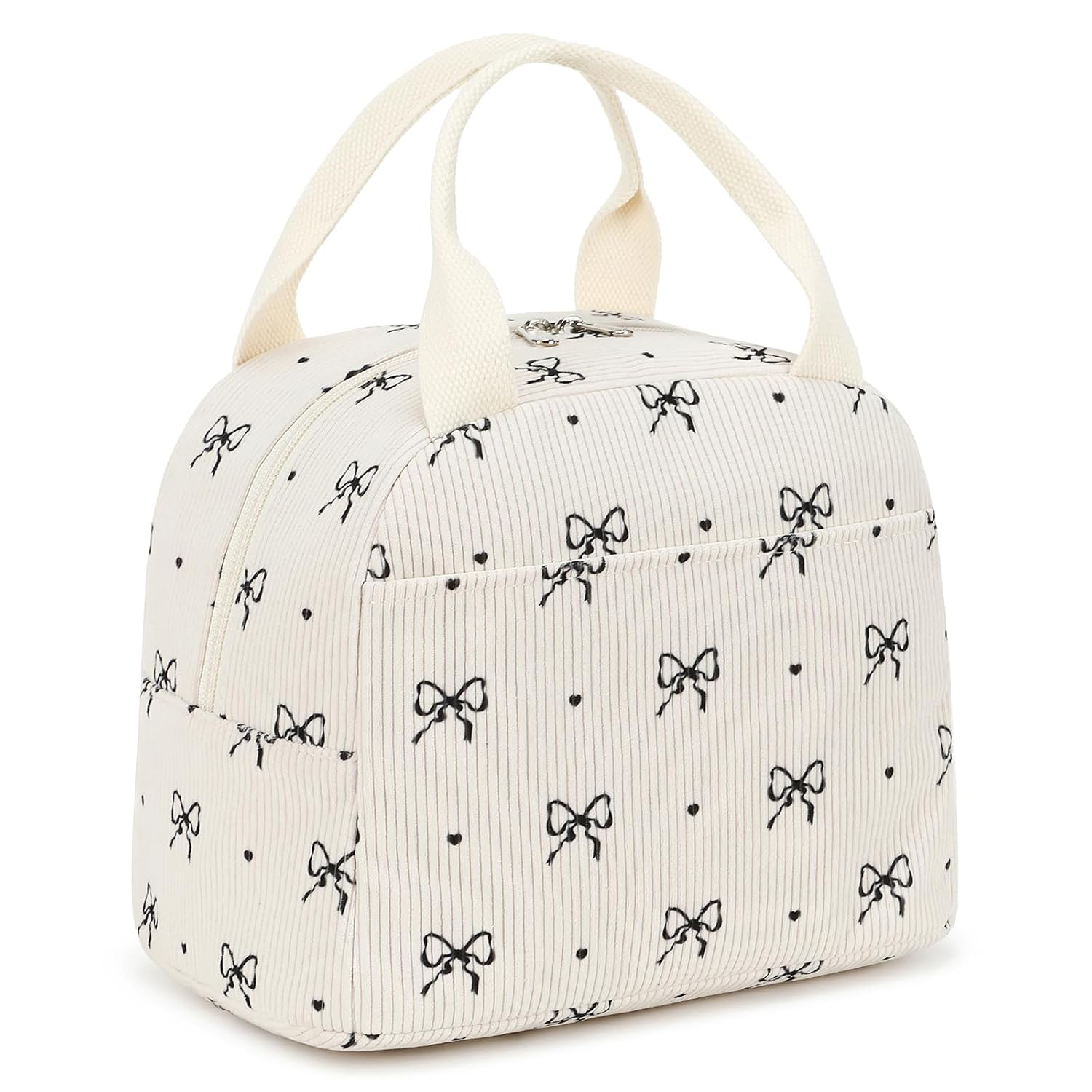 EurCross Cute Bow Tie Lunch Bag for Girls Ivory Corduroy Insulated Lunch Bag for Two-Meal Space Perfect for