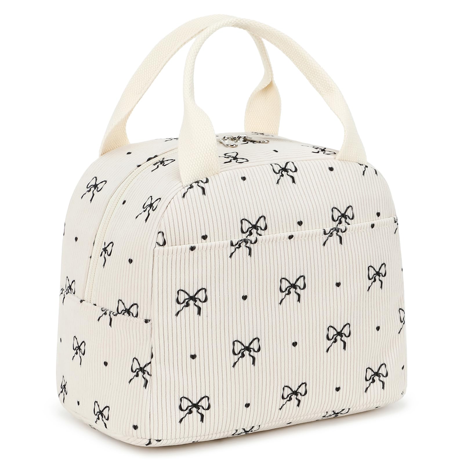 EurCross Cute Bow Tie Lunch Bag for Girls Ivory Corduroy Insulated Lunch Bag for Two-Meal Space Perfect for