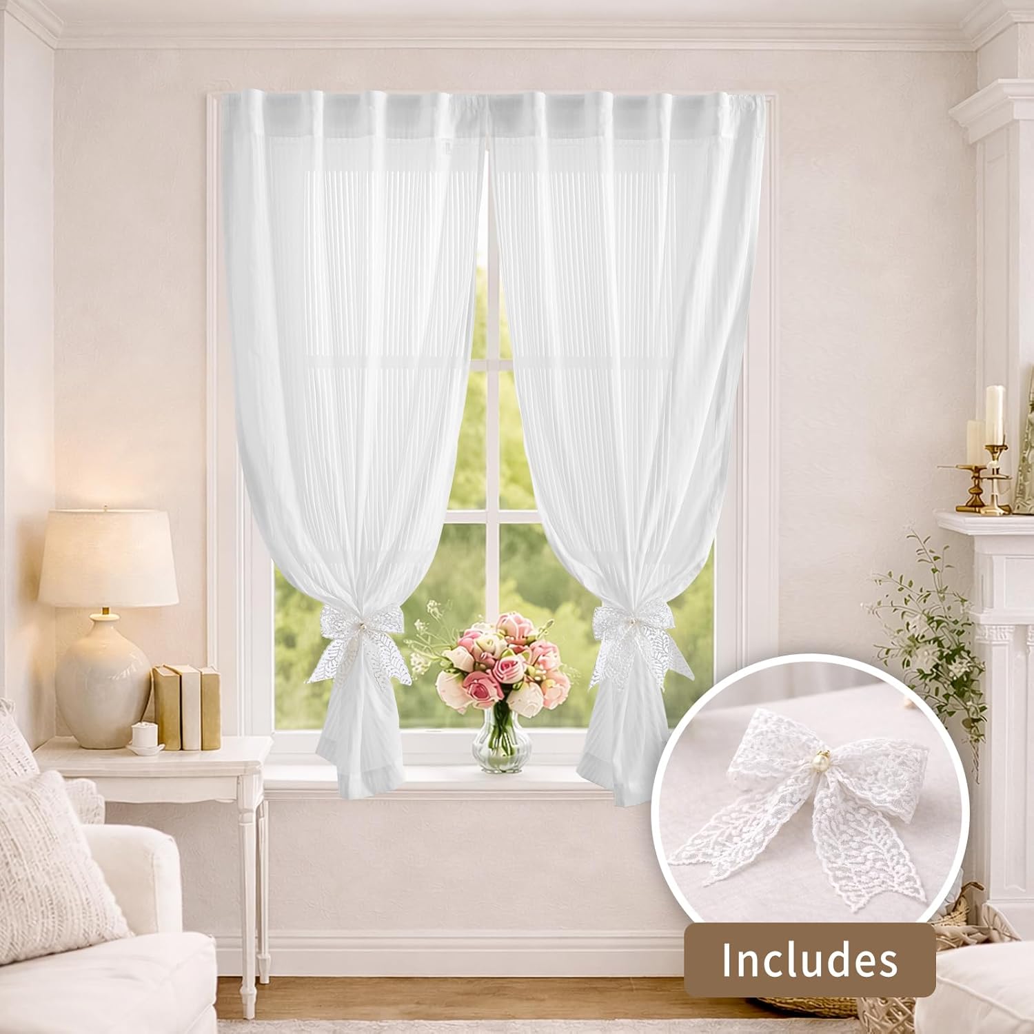 Sheer Curtains Self Adhesive & Rod Pocket Curtains, Two in One No-Drilling, 2 Panels Set for Living Room/Bedroom(39" W x 72" L,White,2 PCS)