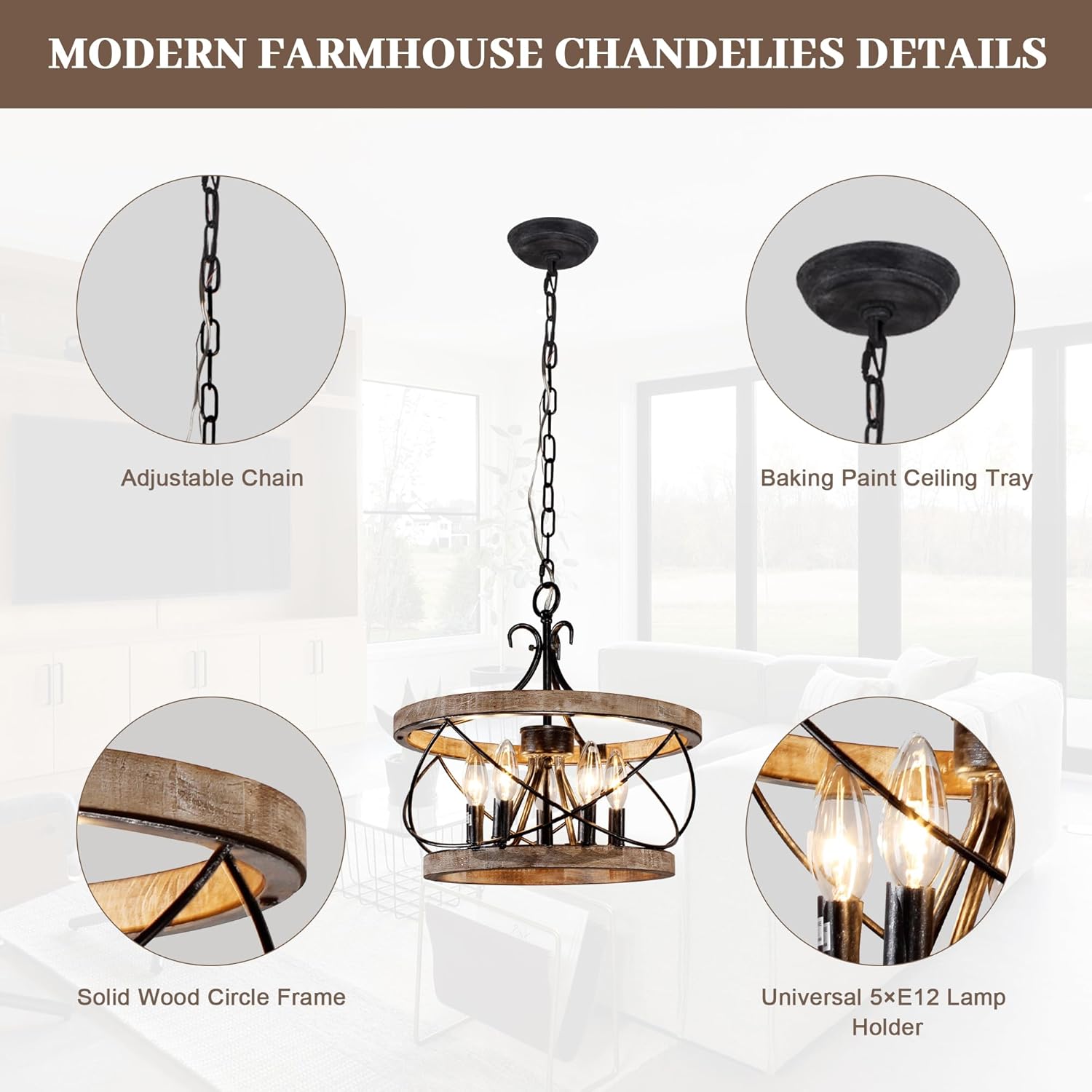 Farmhouse Chandelier, 5-Light Rustic Industrial Pendant Light Fixture with Double Wooden Rings, Adjustable Chain Hanging Lighting for Dining Room Kitchen Island Living Room Hallway Entryway