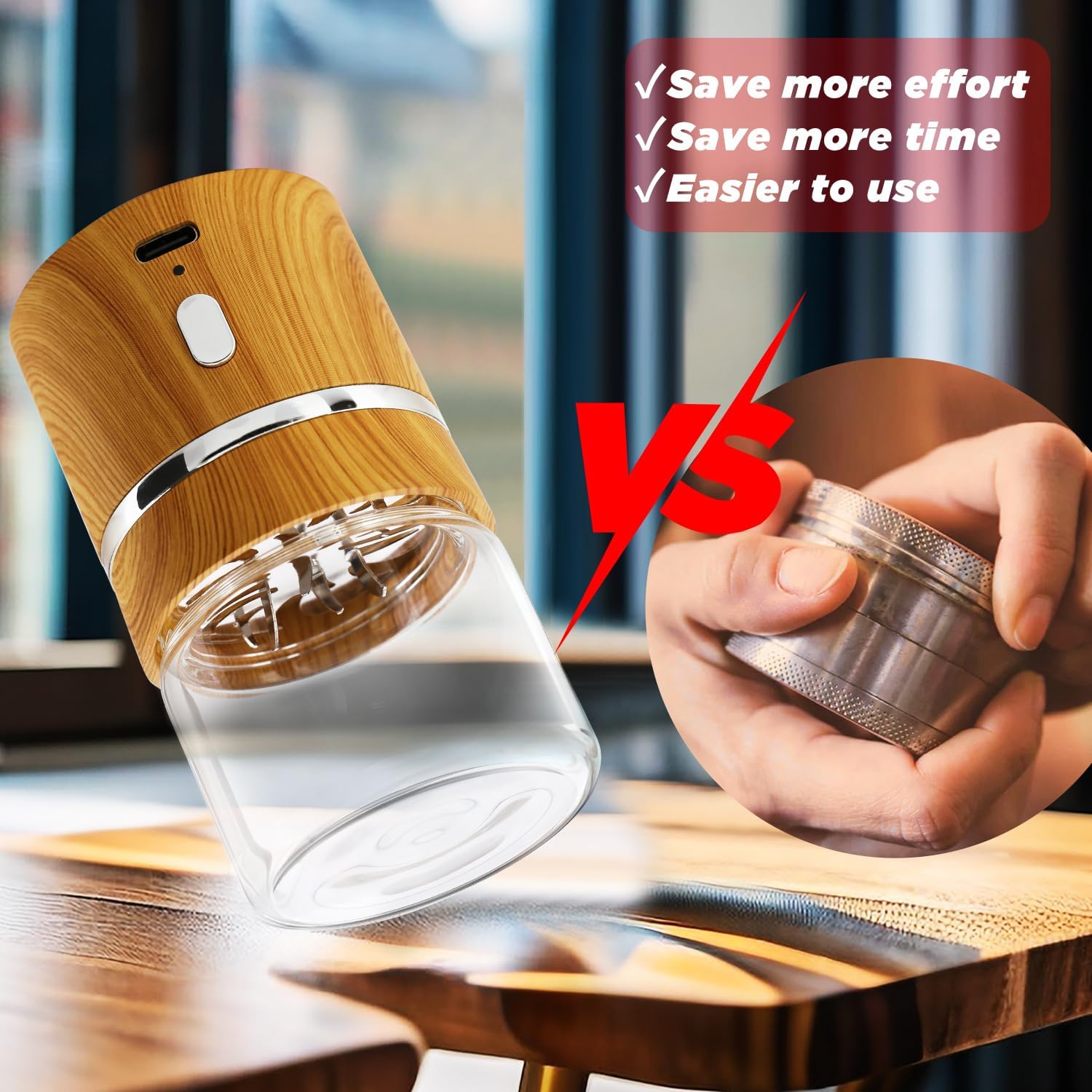 Electric Grinder Spice Crusher Rechargeable Mini Size 2" x 3.5" with 2PCS 1.7oz/50ml Glass Jars (NOT for nuts or beans), Wood Grain Pattern
