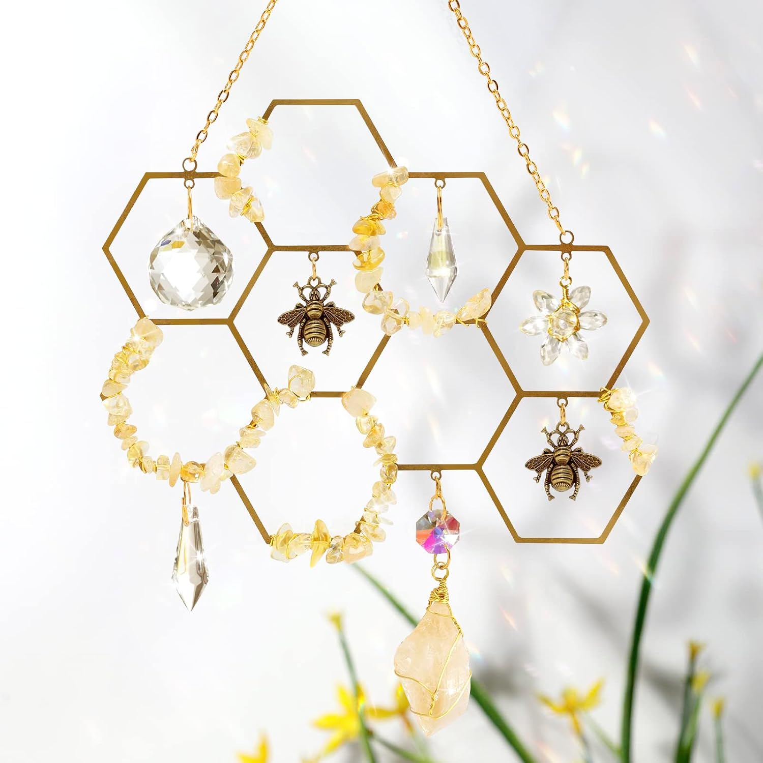 Tuitessine Crystals Suncatcher Window Hanging Bumble Bee Decor Honeycomb Light with Crystal Glass Prisms Hive for Home Indoor Outdoor Catcher Garden Ornament Christmas Birthday Gift Ideas
