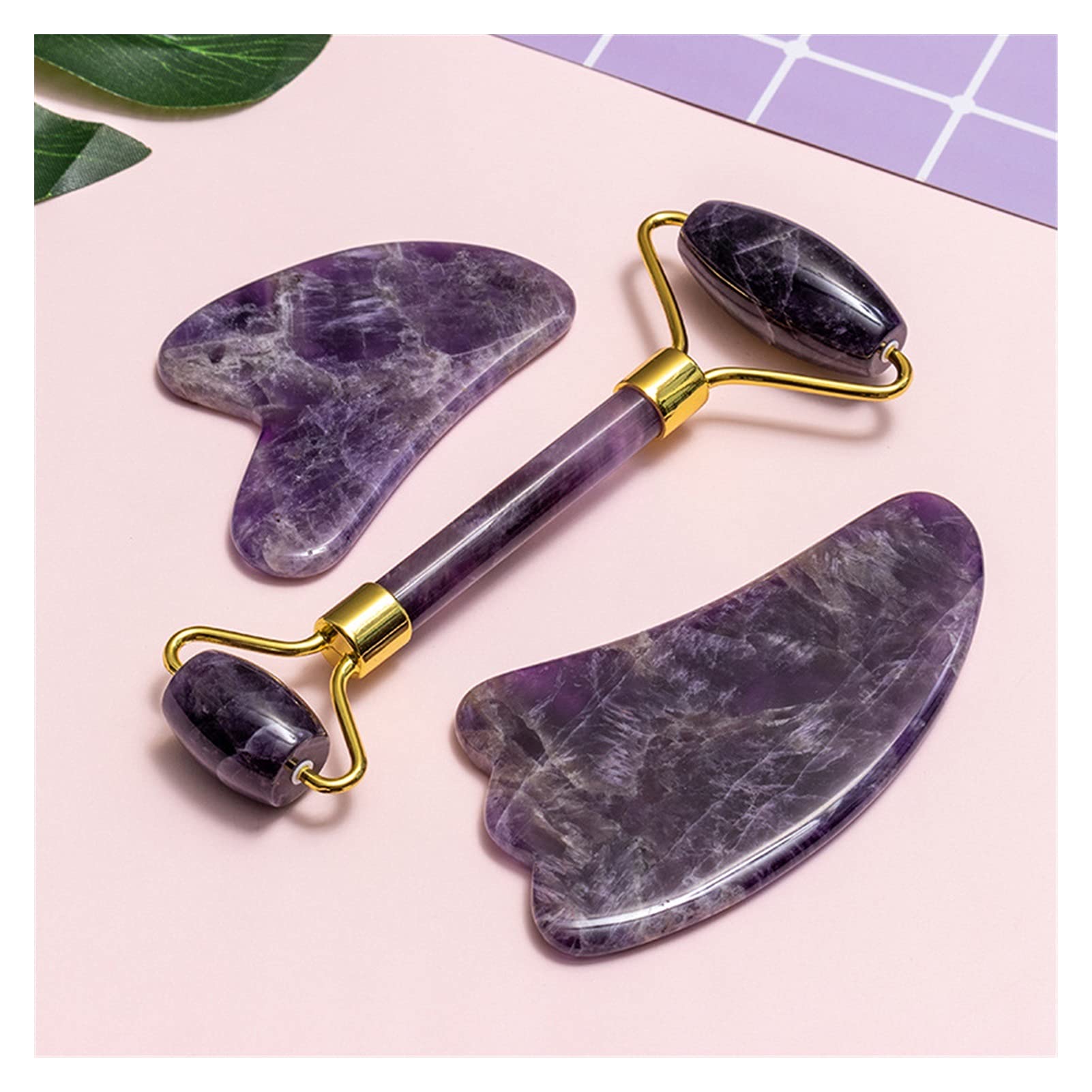 Amatista Piedra en bruto Amatista Gouache Rascador Gua Sha Herramienta de masaje Rodillo de jade Masajeador facial Levantamiento Antiarrugas Belleza Cuidado de la piel Gouache Juego de piedras Inicio