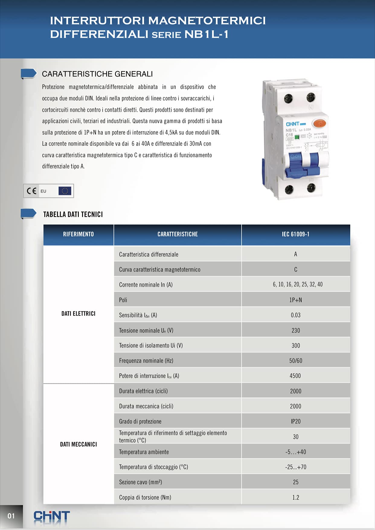 Chint Interruttori Magnetotermici Differenziali Serie NB1L Curva C, cod. 203338 (NB1L1 Tipo A, 230Vac-32A-30mA)