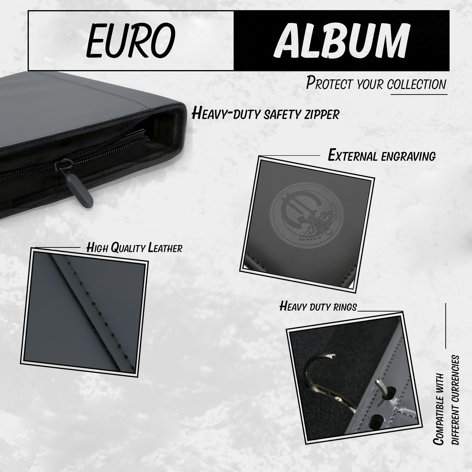 DOJA Barcelona | Album Monnaie Euro | Livre pour Collectionner les Pièces avec Gabarit | 33x27x5cm | 280 Pochettes pour Pièces en Euro | Classeur Numismatique en Similicuir avec Fermeture Éclair