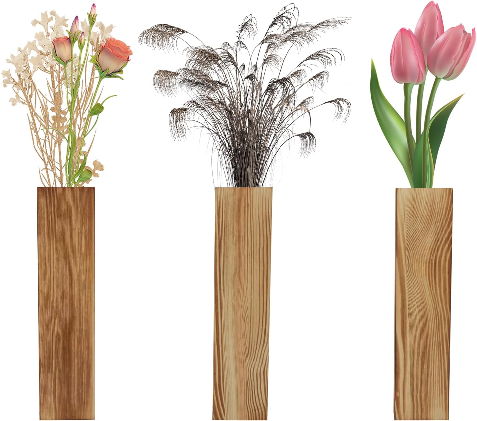 HENGBIRDModern Wall Vases for Dried Flowers Made of Oak Wood (Pack of 3), Flower Vases for Wall Decor, Wall Decoration, Wall Flowers, Rustic Flower Vase for Wall