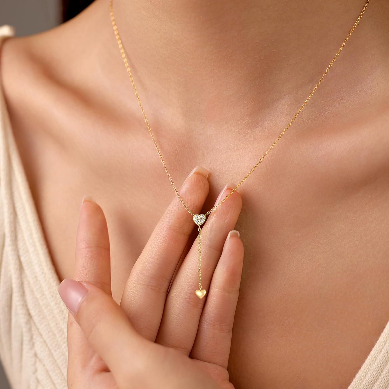 Lariat Gold Heart Necklaces for Women,925 Sterling Silver CZ Cute Heart Pendant Choker Necklaces to Daughter Mother 14K Gold Plated Minimal Drop Necklace Jewelry for Women Trendy Gift - Image 3