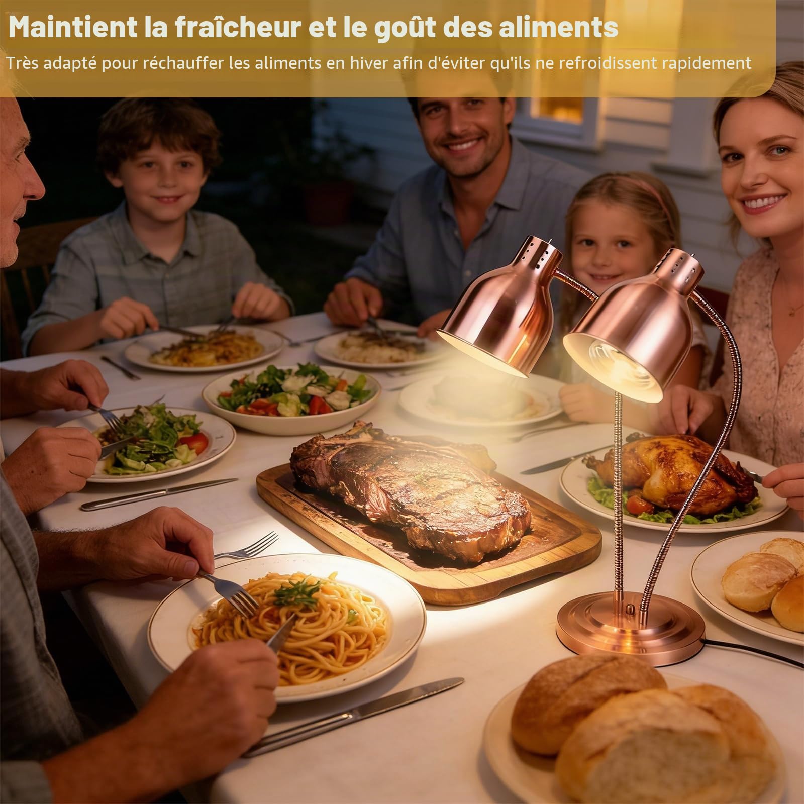 Lampes Chauffantes Alimentaires - Tuyau RéGlable à 360° - 2 Lampes Chauffantes Infrarouges De 250 W - Extensible Jusqu'à 70 Cm - pour Cuisine Buffet, Restaurant Et HôTel (Rose Doré, S-Shape)