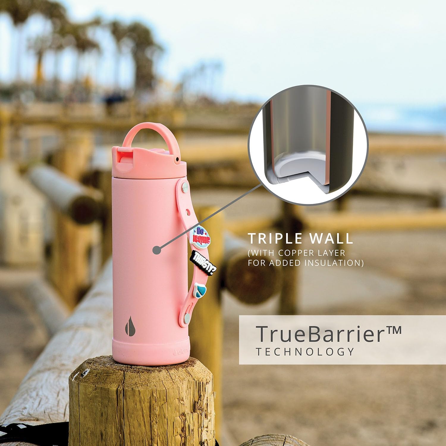 Elemental Iconic Kids Water Bottle with Straw Lid & Charms Strap, Leak-Proof When Closed, Triple Insulated Stainless Steel Reusable Water Bottle - 14oz, Rose