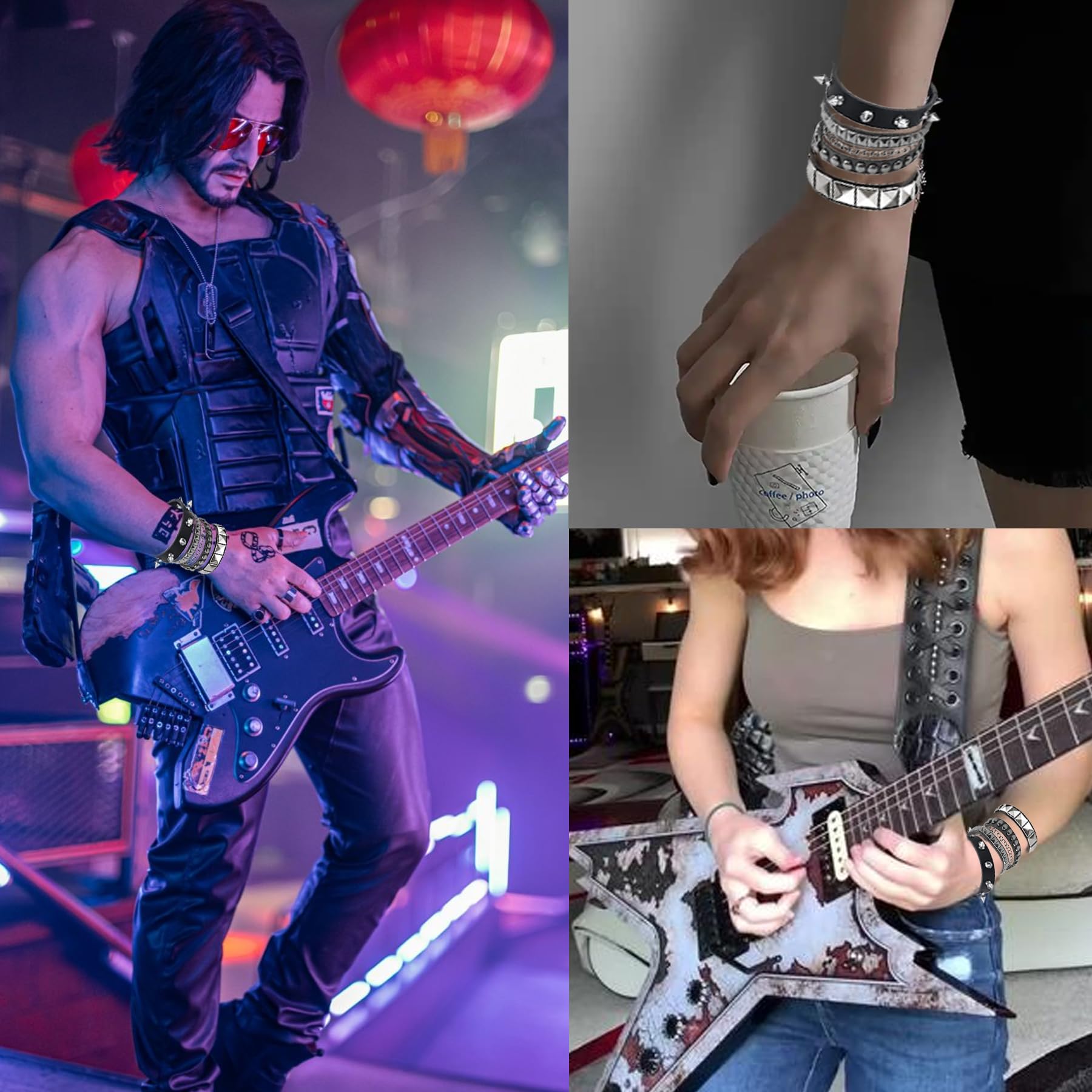 Pulsera de Cuero Punk Ajustable Gótica para Niños Niñas Accesorios Rock Negro