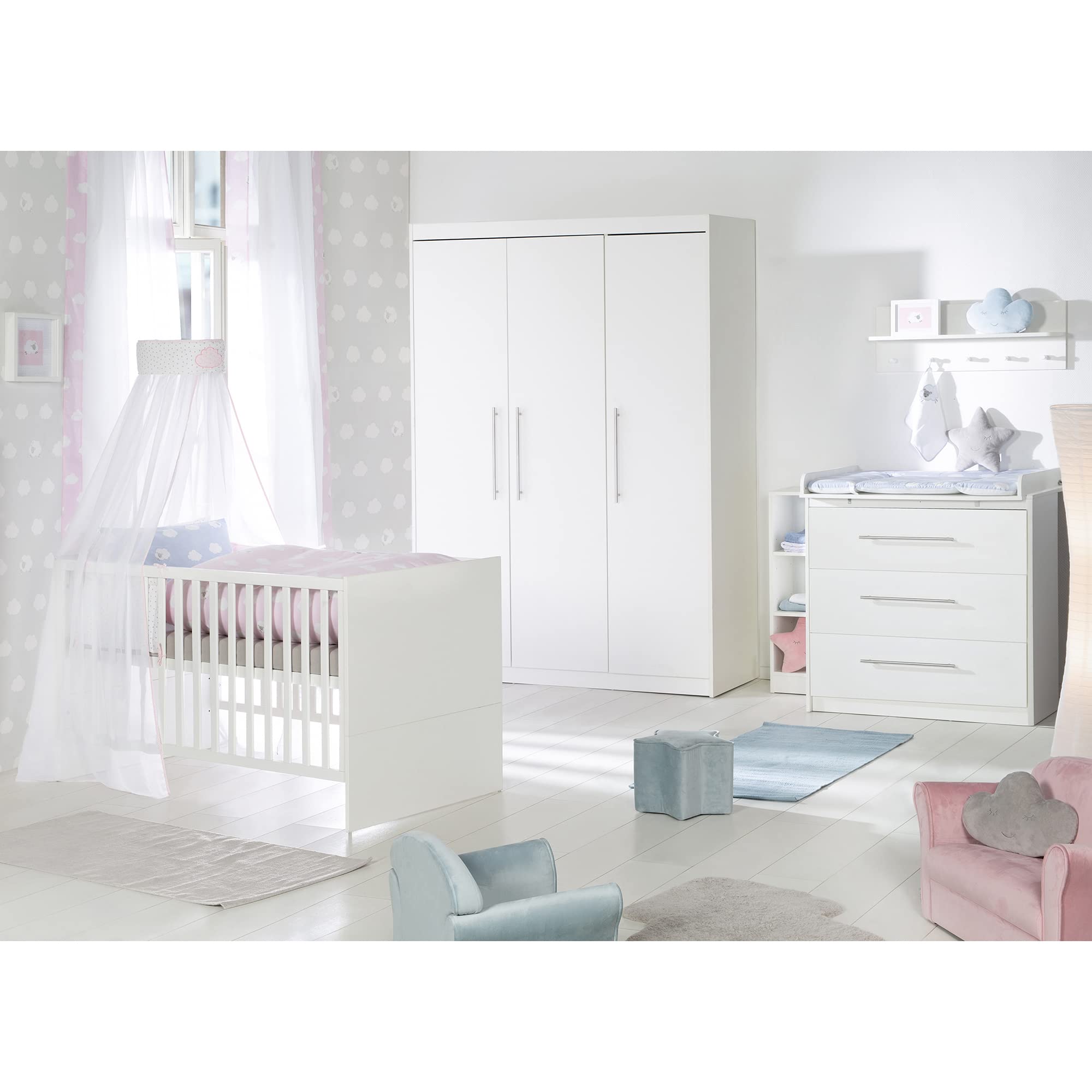 roba Juego completo de habitación infantil Maren, incluye cuna, superficie de 70 x 140 cm, cómoda cambiador estrecha con cambiador y armario de 3 puertas, color blanco