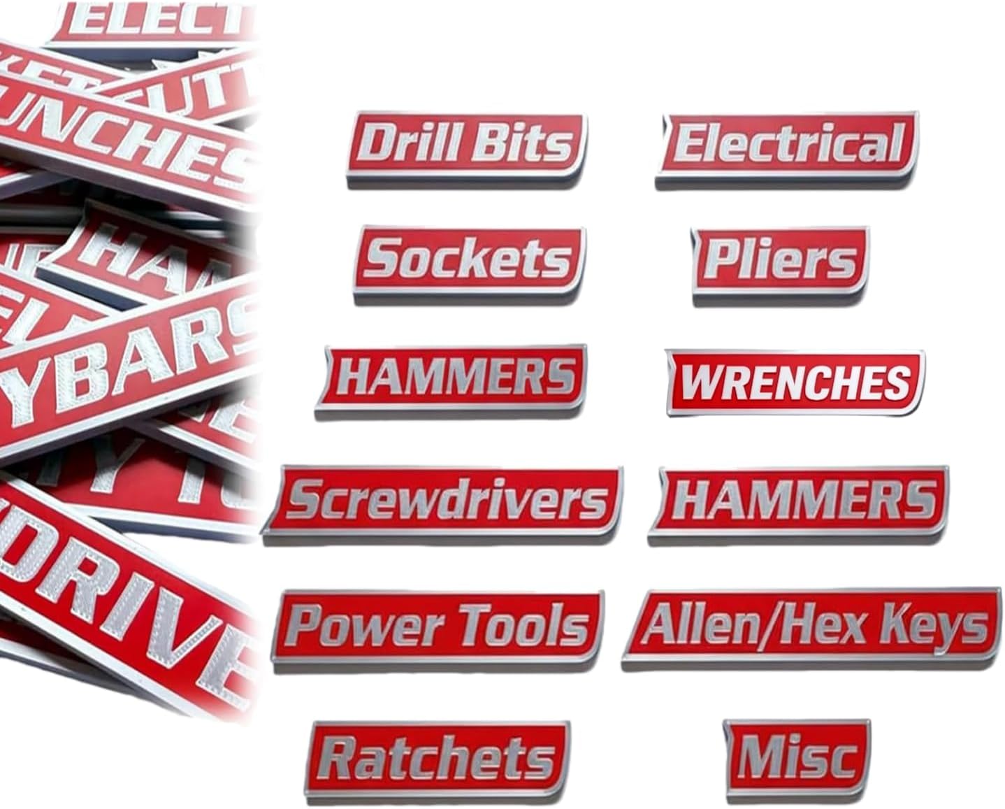 12 Pack of Magnetic Toolbox Labels, 3D-Printed Tool Box Labels, General Tool Box Organize Accessories, Carts, Drawers, and Cabinets Drawers, and Cabinets, Reusable Tags, (Red)