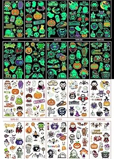 ملصقات وشم مؤقتة مضيئة في الظلام بتصاميم الهالوين، والقرع والأشباح والخفافيش والوحوش، عبوة مكونة من 10 ورقات (WR)