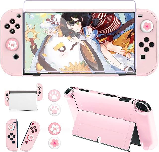 OLDZHU Dockable Pink Case Compatible with Nintendo Switch OLED Model 2021,Ultra-Slim Hard Protective Case Cover for Nintendo Switch OLED with Glass Screen Protector and 4 Pack Thumb Caps