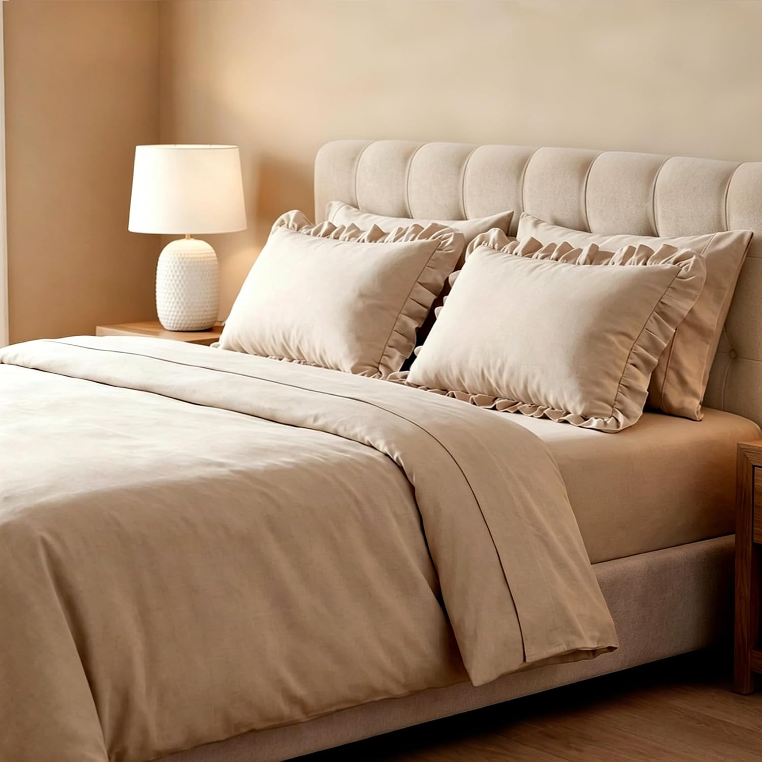 Fresh Grey Ruffle Pillowcases King Size Set of 2 Invisible Zipper | Machine Washable pillow case washed cotton, ultra soft breathable wrinkle free, 60x88cm, 24x35 Inches naturally textured